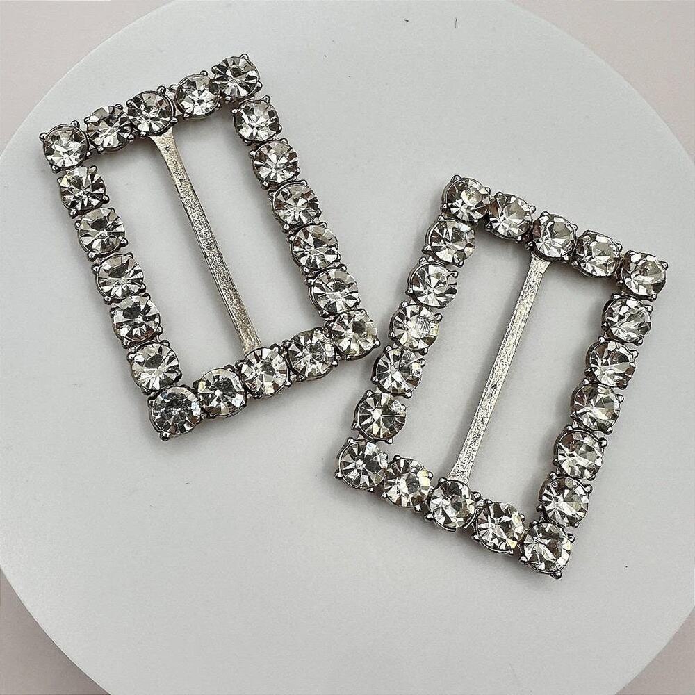 Vintage 90s Silver Tone Clear Rectangle Slider Jewelry Set For Ribbon, Bow, Belt